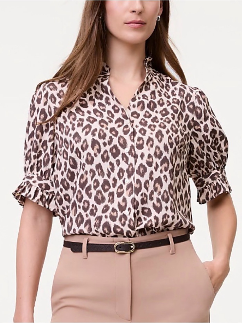 Ann Taylor Leopard-Print Ruffle-Sleeve Blouse - Brown & White